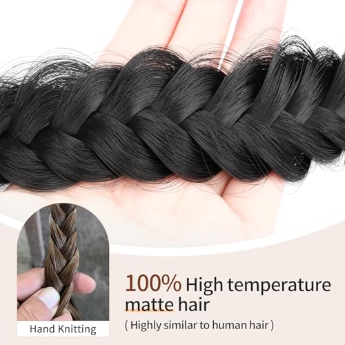 2PCs Braided Headband with teeth Handmade Messy Wide Synthetic Hair Elastic Stretch Fluffy Hairpiece for Brides (Natural Black) - color: Natural Black