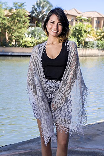 Cindy & Wendy Lightweight Soft Leaf Lace Fringe Scarf Bridal Shawl for Women - color: Light Gray