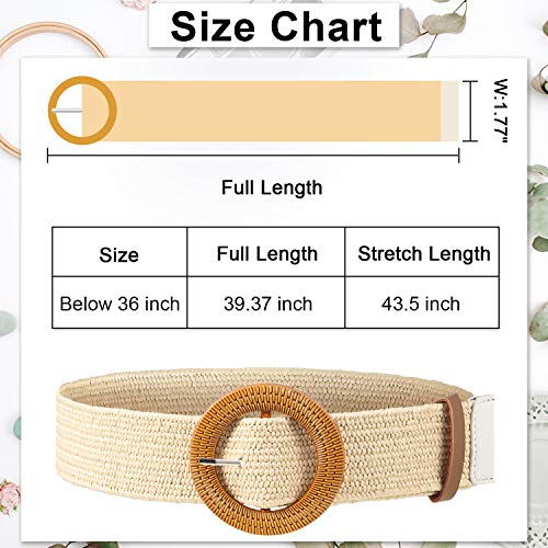 2 Pieces Women Straw Woven Elastic Stretch Waist Belt Skinny Dress Braided Waist Belt with Wooden Style Buckle - color: Black and White