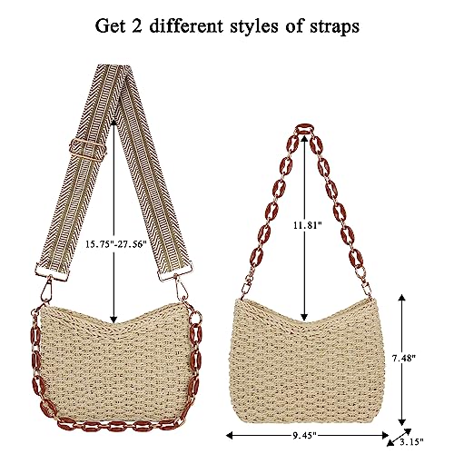 Women Straw Small Crossbody Bag Handmade Woven Shoulder Handbag Summer Beach Purse with Guitar Strap | Straw - color: Beige