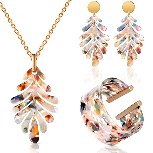 Kenning 4 Pcs Boho Jewelry Set for Women Summer Earrings Necklace Set with Bracelet Colorful Acrylic Statement Jewelry - style: Leaf