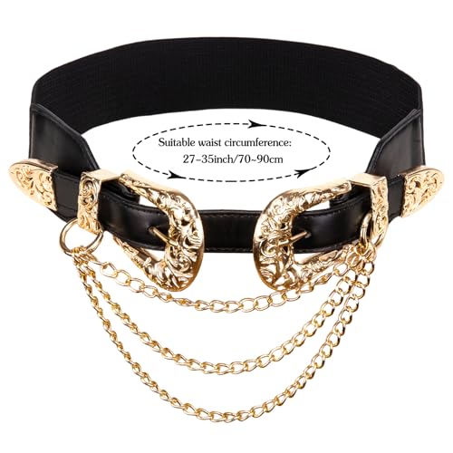 Dubulle Womens Belt Chain Leather Belts Vintage Western Adjustable Elastic Double Buckle for Cowboy Pant Dress - color: Black Gold
