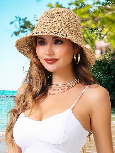 Womens Sun Hat Handmade Crochet Straw Bucket for Summer Foldable Travel Cap - color: Khaki 2