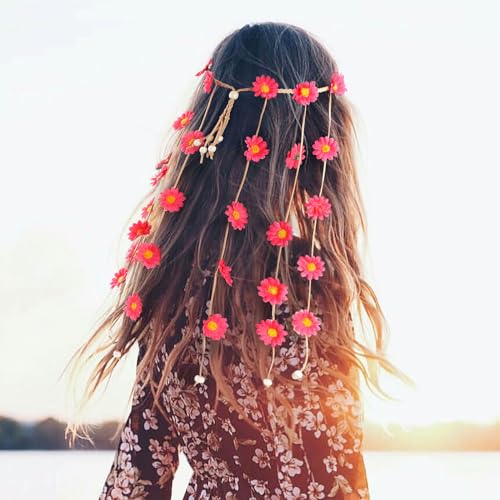 DOCILA Flower Headbands For Women Hippie Floral Hairband Boho Fairy Crown Wedding Parties Outfit Costume Hair Accessories - color: Pink