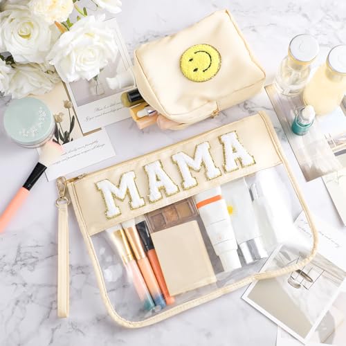 Hillban 2 Pcs Mom Gifts Mama Makeup Bag for Hospital Chenille Letter Pouch Preppy Patch Beach Travel Bags Aesthetic Waterproof Portable Toiletry Storage - style: Mother Theme