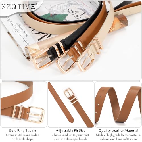 XZQTIVE 3 Pack Women Belts For Jeans Dresses Pants Ladies Leather Waist Belt with Gold Buckle - color: Square Buckle Black+brown+beige, size: Fit Pant 48-52in