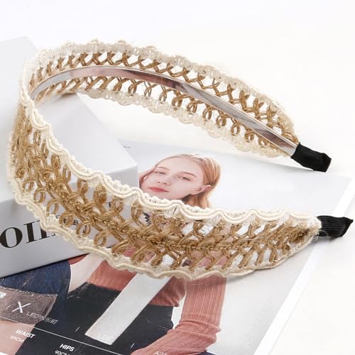 TEBIEKOY Fashion Linen Headbands for Women Wide Cotton Twine Boho Woven Hairband Style Non Slip Head Band Summer Beach Hair Accessory