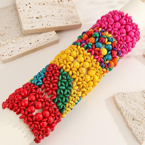 Boho Wide Chunky Colorful Wooden Thick Shell Elastic Stretch Bracelet Handmade Bohemia Summer Beach Vacation Adjustable Lightweight Wood Wristband Jewelry for Women - color: yellow