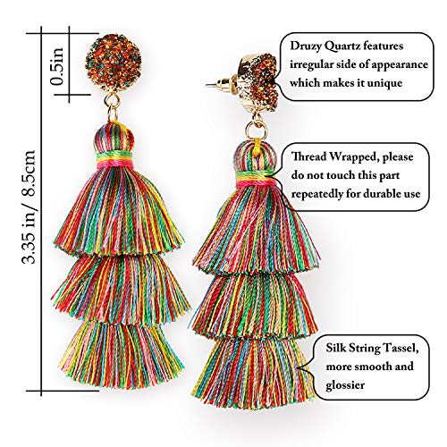 Me&Hz Colorful Layered Tassel Earrings Bohemian Statement Tiered Tassel Big Dangle Drop Earrings for Women Druzy Studs Valentine’s Day Gift - color: Colorful