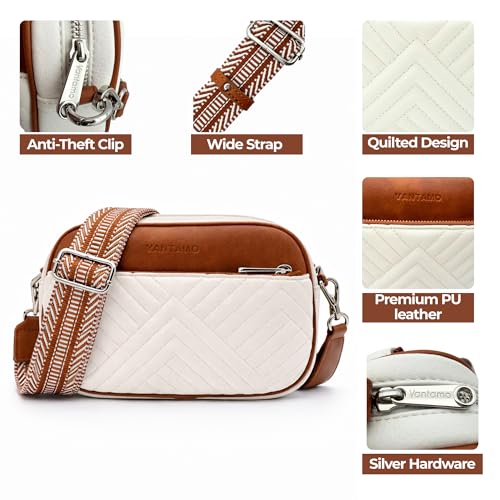 Vantamo Premium Quilted Crossbody Bags for Women with Anti-Pickpocket Clip, Vegan Leather Handbags, Travel Purses for Women - color: White & Brown With Jacquard Strap