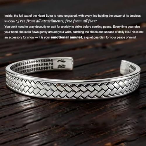 Kim Carrey S925 Sterling Silver Bracelet, Stacked Bracelets Open Bangle Cuff Design, Men's Gift Jewelry for My Man - style: Chinese-character Buddhist scriptures