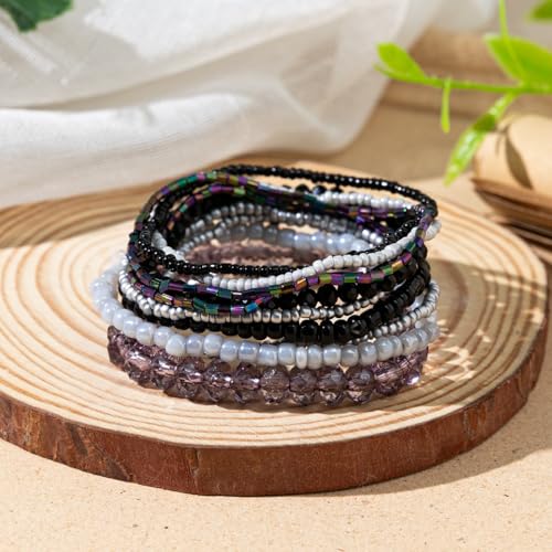 Caiyao Bohemian Multilayer Stackable Seed Beaded Bracelets Colorful Crystal Glass Beads Strand Bangle Bracelet BFF Wristbands Bracelet for Women Summer Beach Hawaii Jewelry Birthday Gifts - color: Black 2
