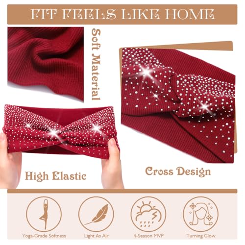 Urieo Wide Sparkly Headbands Rhinestones Stretch Head Bands for Women | Bling Elastic Knotted Headband Bedazzled Crystal Hair Bands - color: Red