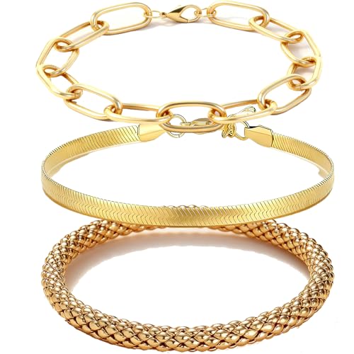 Alegend Titanium Steel (Not Rust, Resist Corruption, Easily Clean) 18K Gold Plated Single Bracelets + 14K Gold Plated Stackable Multilayer Bracelets - style: 14KGold + 3PCS
