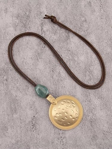 GelConnie Leather Necklace for Women Round Wooden Pendant Long Leather Choker Vintage Sweater Necklace Gold Chunky Boho Necklaces for Women - style: Boho Necklace Women Long