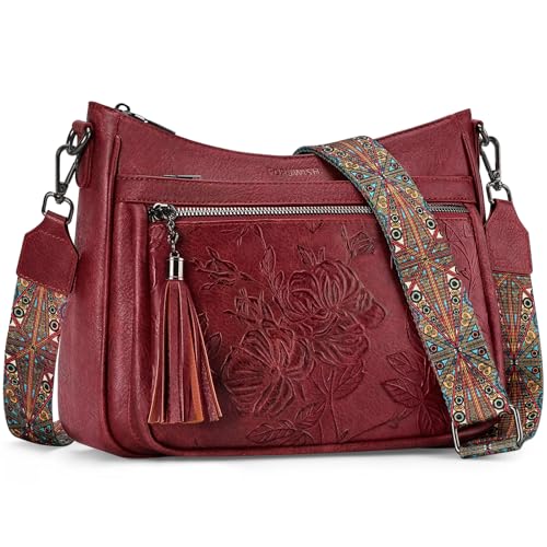 Crossbody Bags for Women, Vegan Leather Medium Crossbody Purse, Spacious Daily Travel Shoulder Bag with Boho Strap - color: Red
