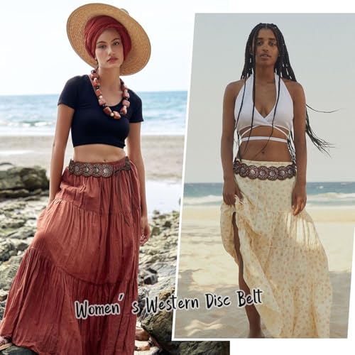 Women Western Disc Belt Boho Disk Concho Leather Belts Adjustable Knot Tie Waist Belts for Dresses - color: Brown