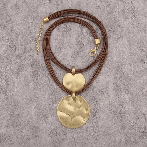 Leather Necklace for Women Large Pendant Hippie Choker Necklace Vintage Sweater Necklace Chunky Boho Necklaces for Women - style: Funky Statement Necklace