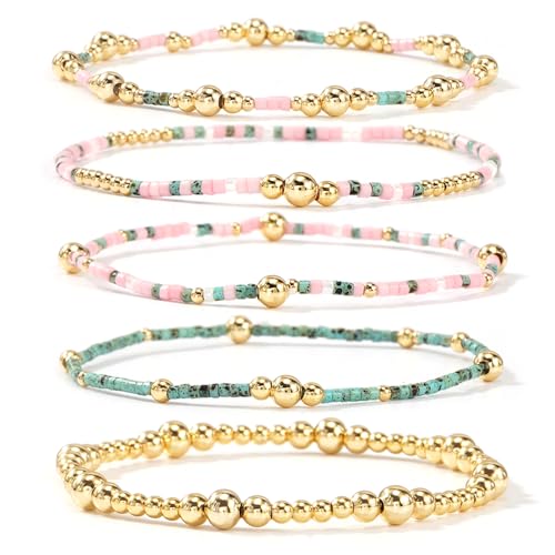 14K Gold Beaded Ball Stackable Bracelets for Women,Bohemian Stretch Colorful Seed Beads Bracelet Stack Fashion Holiday Jewelry Gift Friendship - color: Turquoise