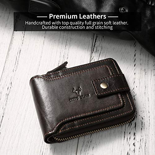 MING CLAN Leather RFID Blocking Bifold Wallet For Men With Zipper, Flap ID Window Zip Coin Pocket, Big Capacity Credit Card Holder For Travel - color: Coffee