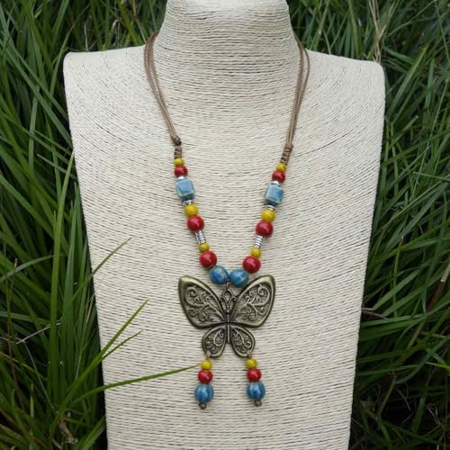 Boho Colorful Ceramic Bead Necklace for Women, Butterfly Pendant Necklace, Handmade Bohemian Statement Jewelry Gifts for Mom - color: Multi-S