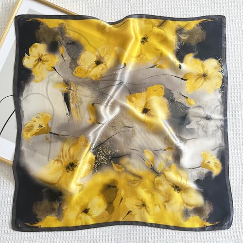 FONYVE 100% Mulberry Silk Scarfs for Women-Lightweight Square Satin Head Scarf-Small Silk Hair Scarf for Sleeping 21"x21" - color: 22 Yellow & Black Flower