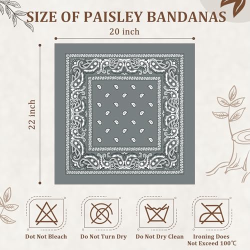 12 Pack Bandanas Unisex Paisley Cowboy Bandanas Bulk Multi Purpose Headband Scarf for Men Women Costume - color: Gray, style: Classic