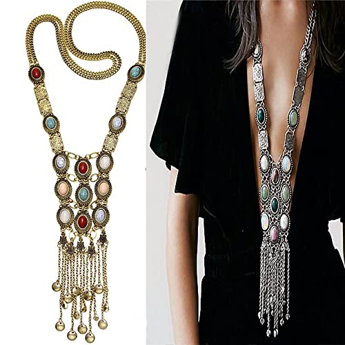 Asphire Bohemian Long Tassel Necklace Vintage Colorful Gemstone Turquoise Necklace Nepal Tibetan Ethnic Exaggerated Statement Accessories for Women and Girls - color: Gold