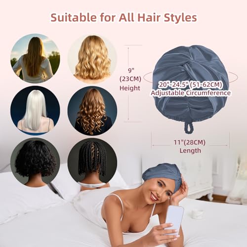 Adjustable Silk Satin Hair Bonnet for Sleeping Women, Double Layer, Silk Hair Wrap for Sleeping Women Men, Curly Natural Braid Straight Unisex - Slate Blue - color: Slate Blue
