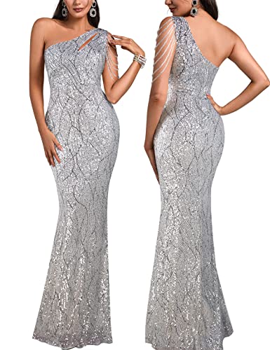 Women One Shoulder 1920s Plus Size Formal Dress Tassels Sleeve Sequins Gatsby Maxi Evening Gown - color: A-silver, size: X-Small