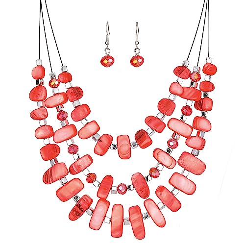 3 Layered Chunky Statement Necklace for Women Beaded Strand Necklaces with Earring Fashion Costumes Collar Necklace Jewelry Sets Gifts for Women - color: 50-Red