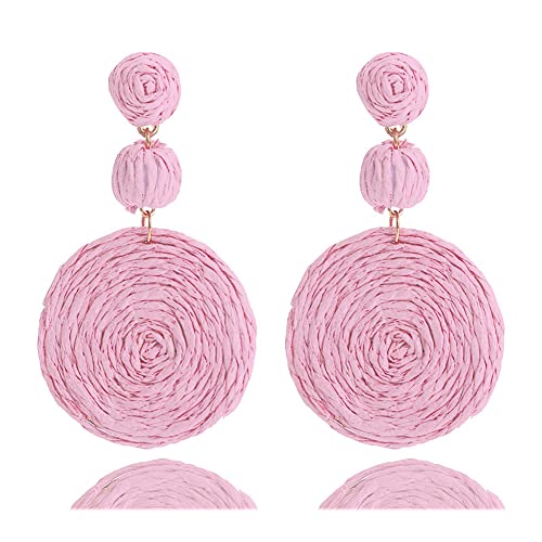 Lightweight Boho Thread Raffia Earrings for Women Handmade Braided Straw Wicker Lantern Ball Earrings Summer Beach Bohemian Geometric Earrings Holiday - color: pink big