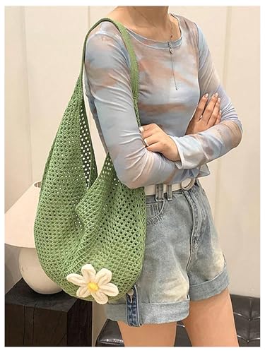 OYOANGLE Women's Floral Applique Crochet Beach Tote Bag Summer Boho Mesh Woven Tote Bag - color: Green