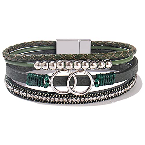 FANCY SHINY Boho Leather Wrap Bracelet Stackable Infinity Chunky Cuff Bracelets Western Hippie Outfits Jewelry Valentine Gifts for Women - color: Olive Green