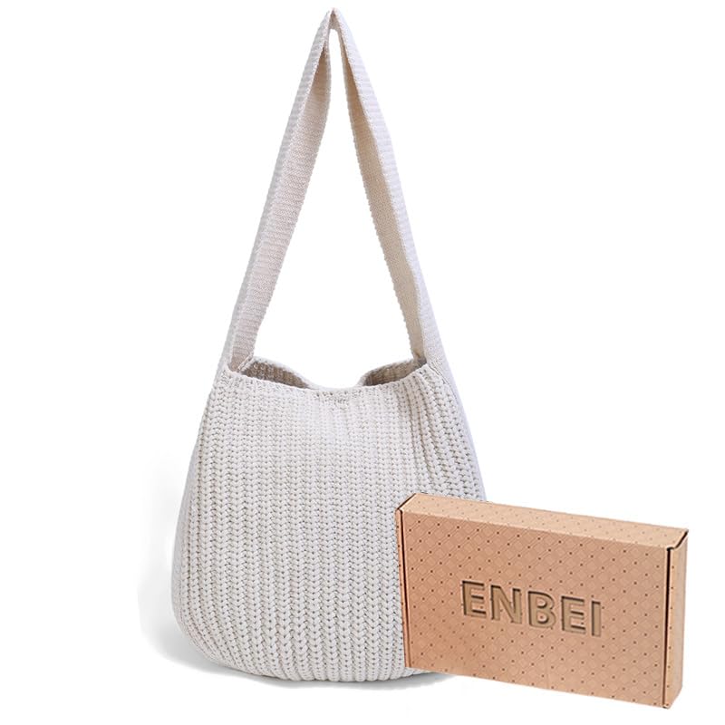 ENBEI Women's Crochet Tote Bag Knit Shoulder bag,Aesthetic Bag,Cute Eco-Friendly Tote for Travel,Daily Use,Gift Box Packaging - color: Creamy White