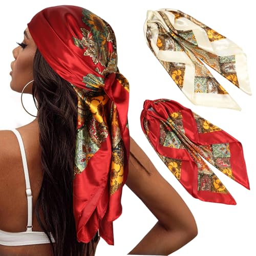 Head Scarf for Women Hair - 2 Pack 35" Square Satin Scarf, Silk Hair Scarf for Women Head Wrap for Sleeping - color: Cream & Red