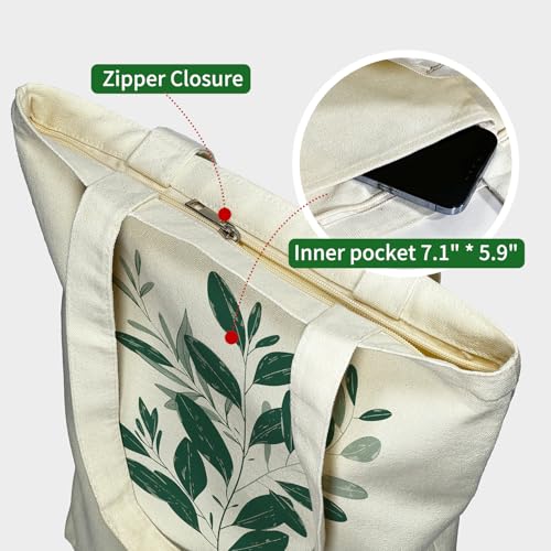 itgowisa Canvas Tote Bag for Women, Tote Bag with Zipper Inner Pocket, Zippered Canvas Bag for Shopping Work Grocery Everyday - style: Scandinavian Style