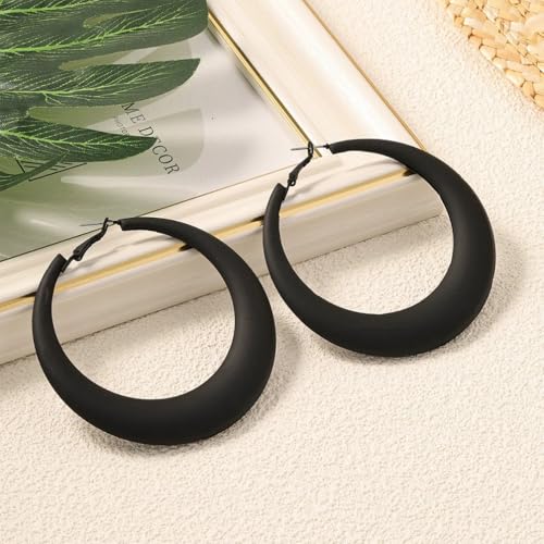 Chunky Gold Large Hoop Earrings for Women, Dainty 14K Gold Big Circle Round Statement Earrings Silver Trendy Thick Hoops Ear Jewelry for Anniversary - color: Black 1.96in