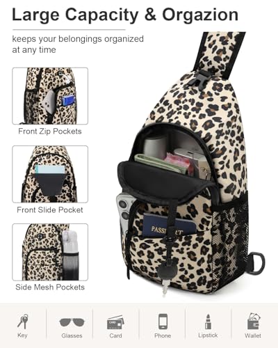 Pritent Crossbody Bags for Women Man Waterproof Sling Bag Backpack Trendy Casual Cross Body Bag with Convertible Shoulder Strap Chest Bag for Camping Hiking Travel Essentials (Leopard, Large ) - color: Leopard, size: Large