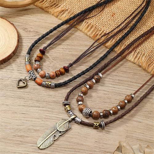 Boho Braided Rope Necklace for Women Vintage Butterfly Feather Adjustable Wooden Beads Layered Necklace Bohemian Wolf Tooth Totem Tribal Ethnic Style Jewelry - style: Feather