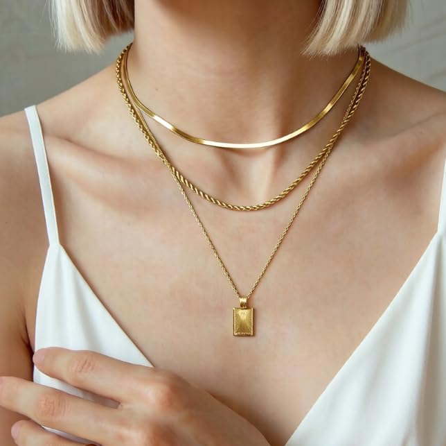 BBV Layered Gold Necklaces for Women Stackable Dainty 14K Gold Plated Silver Chain Necklace Layering Cute Fashion Pendant Choker Necklaces Trendy Jewelry Set Gifts for Women - color: golden, style: Rope twist snake chain O-ring chain texture