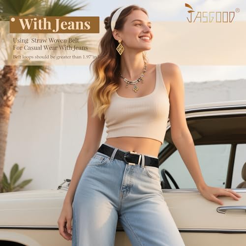 JASGOOD Straw Woven Belt for Women Dresses Boho Elastic Braided Belt Rattan Raffia Belts Ladies Wide Belt,1.97" Width - color: D-black, size: Fit waist size 40"-45"