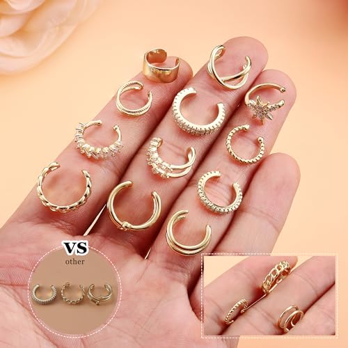 Dochais 9Pcs Ear Cuff 14K Gold Plated Cuff Earrings Gold Ear Cuffs Non Pierced Ear Clips Cartilage Earring Fake Earrings - style: B-12pcs-Gold