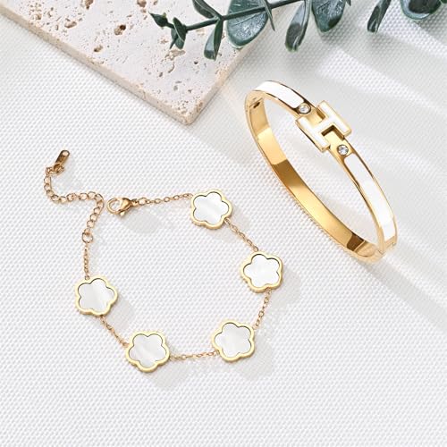 H Bangle & Clover Bracelet for Women - Stainless Steel Fashion Jewelry - 18K Gold Plated H Bangle and Lucky Five Leaf Clover Bracelet - Elegant Bracelets Set - Gift for Women - color: Gold-White Set