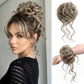 Real Human Hair Messy Bun Piece for Women, Tousled Updo Hairpieces, Curly Wavy Buns Extension Scrunchie with Tendrils, Natural Chignon Fake Hairbun for Daily Use, Medium Brown Mix White 33g - color: Medium Brown Mix White