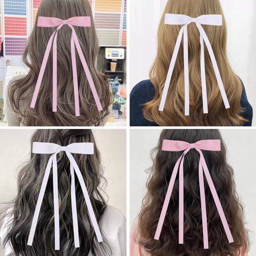 WORTL Hair Bows Clips Coquette Ribbon Bowknot with Long Tail Princess Hair Bows French Barrettes Hair Accessories for Women Girls 16PCS (Pink, White) - color: Pink, White