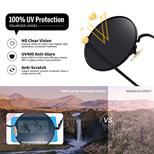 MEETSUN Small Round Polarized Sunglasses for Men Women Metal Retro Hippie Circle Sun Glasses Driving Festival Cosplay UV400 - color: (Black+red+gold Grey