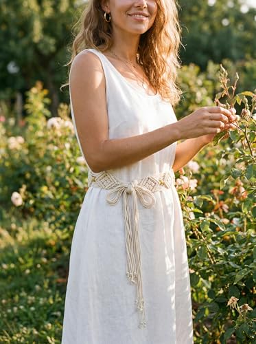 TeeYee Women's Waist Belt Adjustable Boho Style Handwoven Bohemia Tassel Rope Tie with Wooden Beads Braided Chain for Dress - color: 283beige