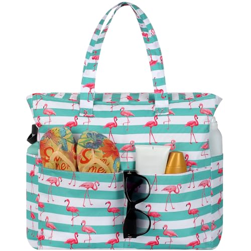 Trifabricy Beach Bags for Women Waterproof Sandproof Women Tote Bag, Large Beach Bag with Zipper for Gym Travel Vocation - color: Green Flamingo
