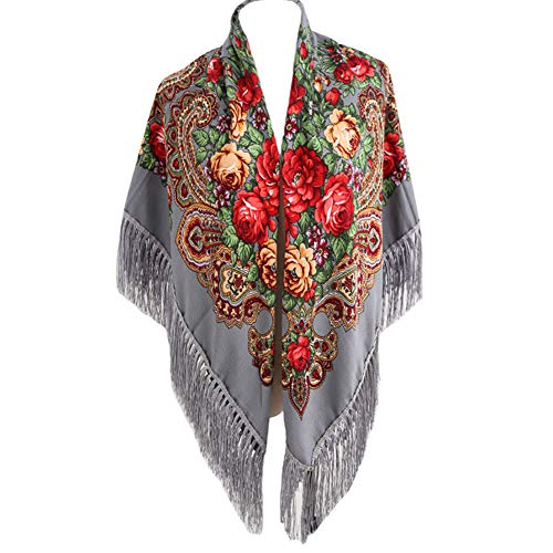 Gudessly Women's Traditional Scarf Wrap Tassel Fringes Neck Head Shawl Retro Scarf Floral Poncho Printing Square Cape 50inch - color: Grey